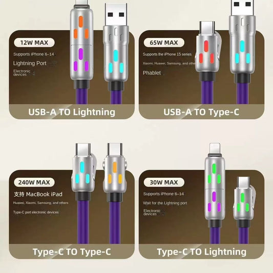 Colorful LED Silicone 4-in-1 Charging Cable with Zinc Alloy PD 100W Fast Charging, 6A Car Charger, Multi-functional Universal Compatible Charging Cable