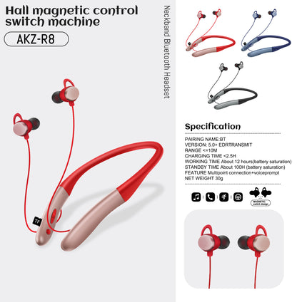 AKZ-R8 New Private Model Wireless Bluetooth Headset 5.0 Hanging Neck Sports Hall Magnetic Switch Stereo Headset